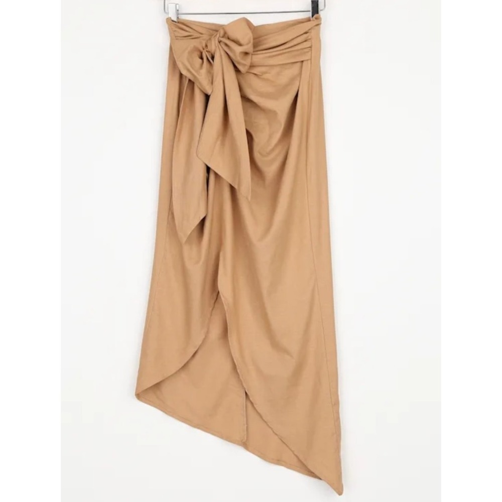 Lulus Women Medium Take the Chance Tan Faux Wrap Midi Skirt Boho Coastal cowgirl - Picture 9 of 12